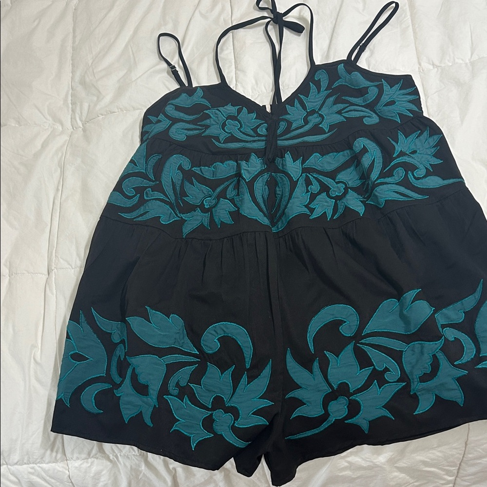 Free People Black and Teal Floral Romper